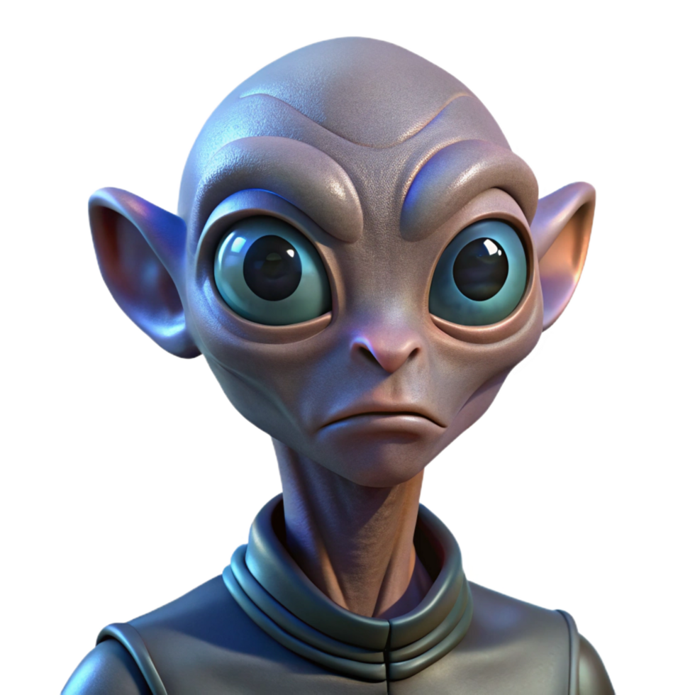 stunning calm minimalist Portrait of a curious alien with large, expressive eyes and unusual skin textures, lit by the otherworldly glow of their home planet precision png