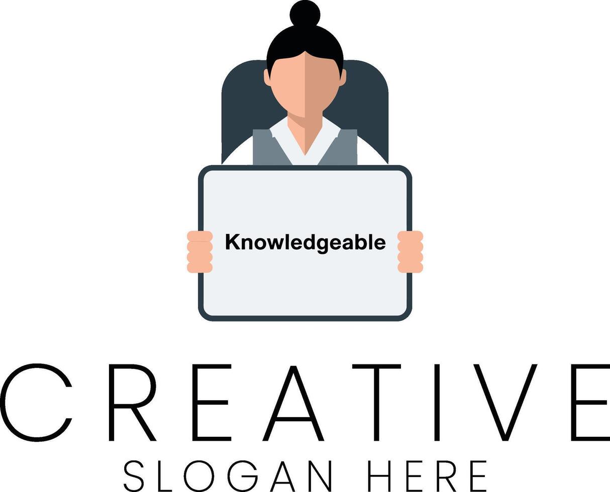 Professional Woman Holding Knowledge Sign Creative Logo Design icon flat skill trust vector