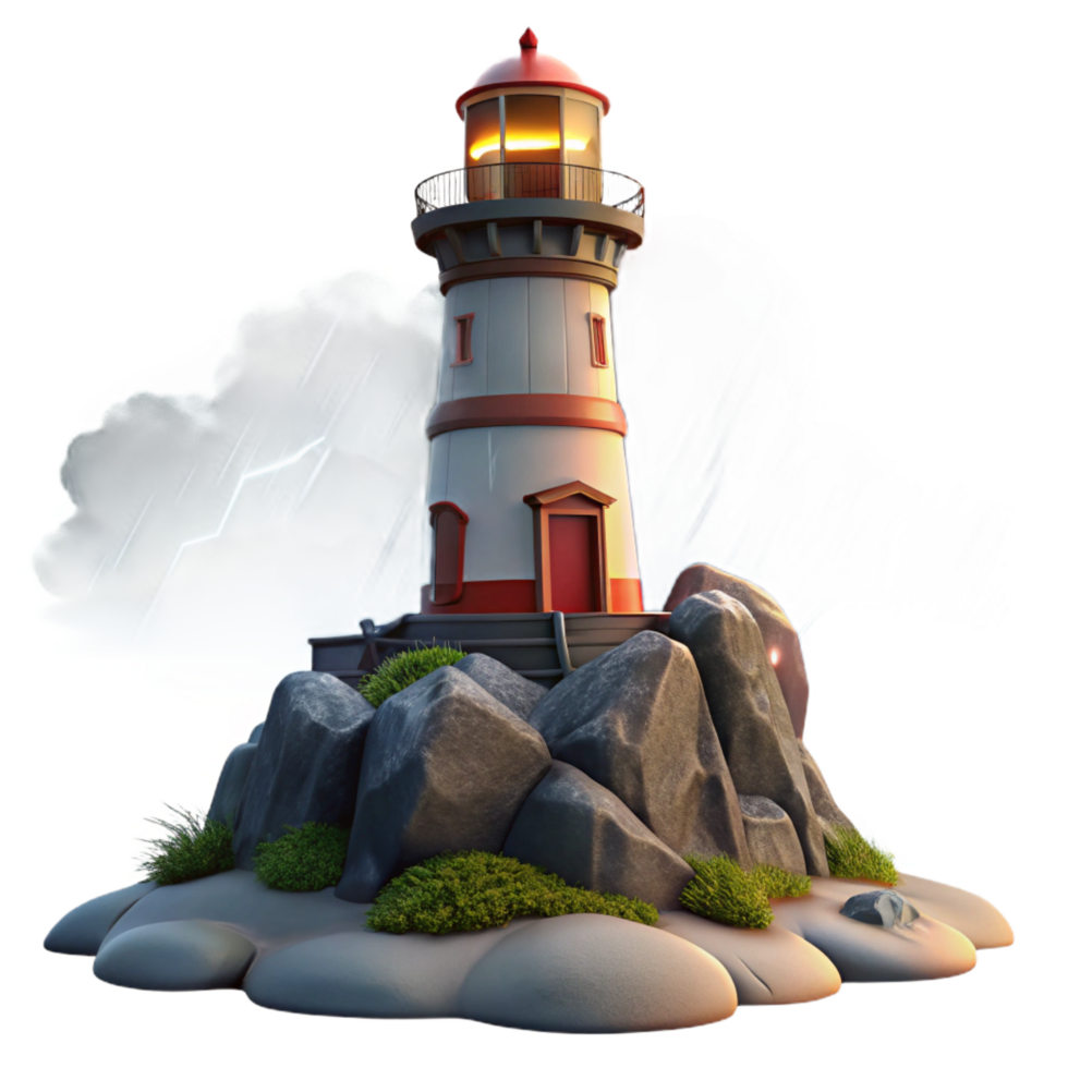 pristine abstract A solitary lighthouse on a rocky coast, stormy weather, dramatic lighting, realistic, flawless png