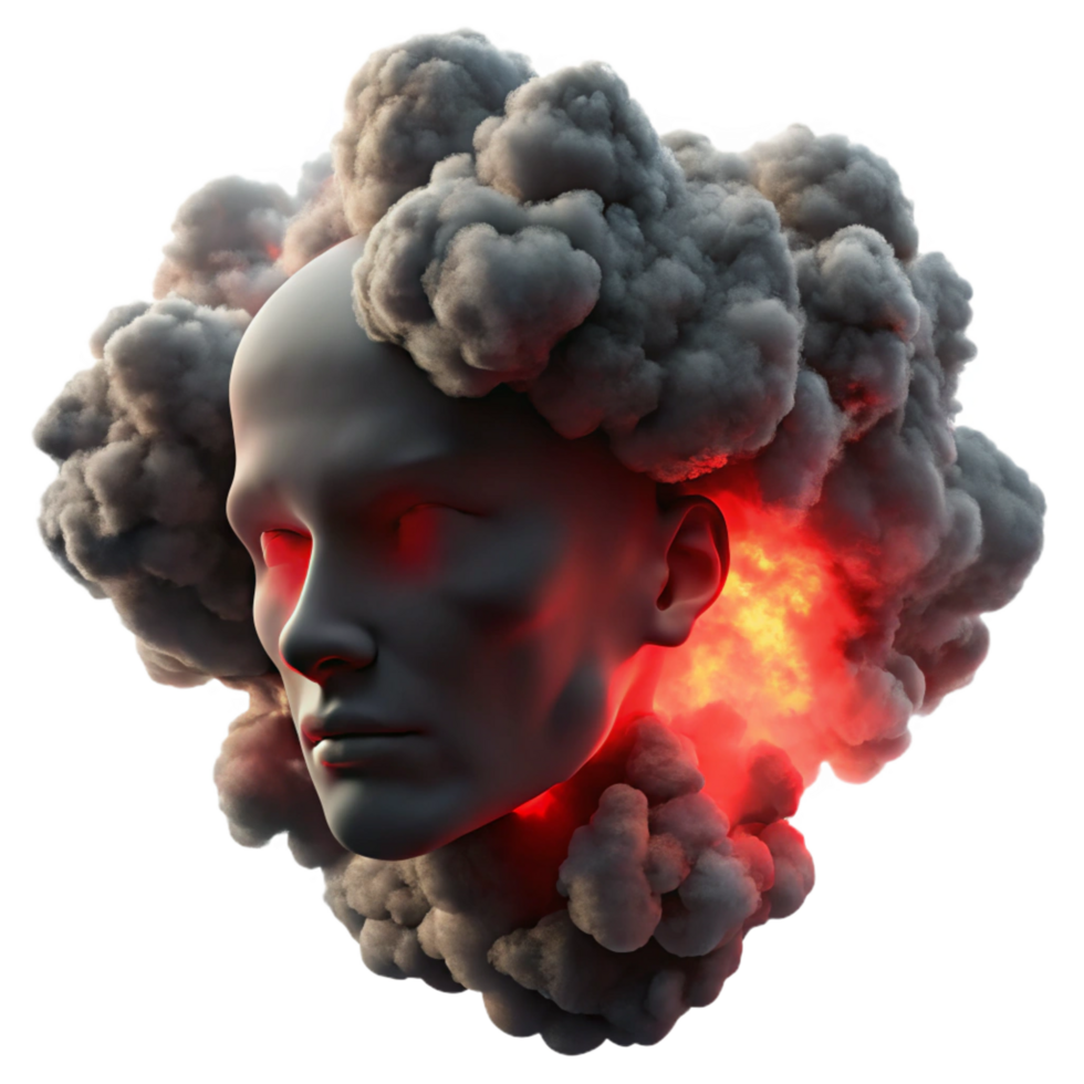 magnificent iconic A dense cloud of smoke swirling in the shape of a human face, backlit by a dramatic red light, chiaroscuro style png