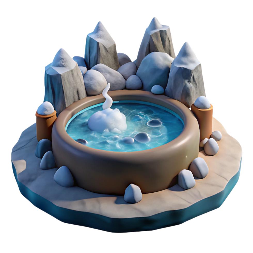 gorgeous rare A bubbling hot spring surrounded by snow, steam rising, geothermal landscape, surreal style png