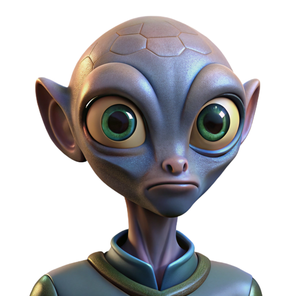sumptuous organic Portrait of a curious alien with large, expressive eyes and unusual skin textures, lit by the otherworldly glow of their home planet genuine png