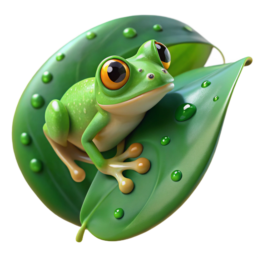 vibrant impressionist A tiny green tree frog clinging to a large, dew covered leaf, soft diffused lighting, macro photography style authentic png