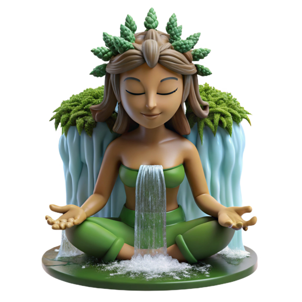 alluring melancholic creative A serene dryad with skin of bark and hair of leaves, meditating beneath a waterfall, peaceful and calming perfect clarity png