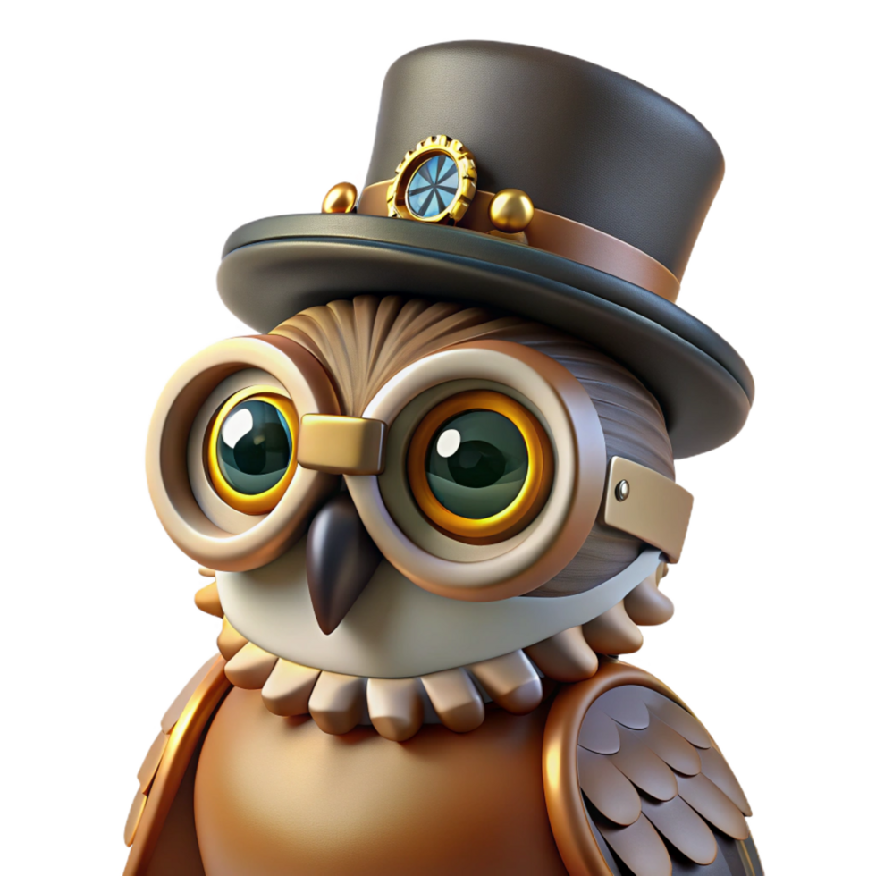 striking distinguished A portrait of a steampunk owl, wearing goggles and a tiny top hat, perched on a gear. Soft, diffused lighting. Hyperrealistic style png