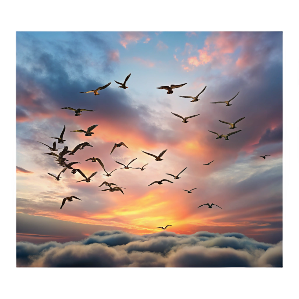 inspired renaissance A flock of migratory birds flying in formation against a dramatic sunset sky, painted in a romantic style professional png