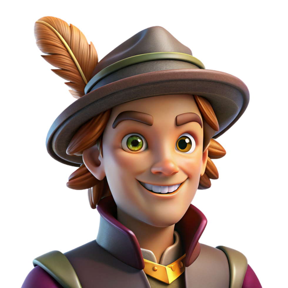 peaceful striking Portrait of a charming rogue with a sly smile and a twinkle in their eye, wearing a feathered hat, lit by dim tavern lighting, character portrait style fine detail png