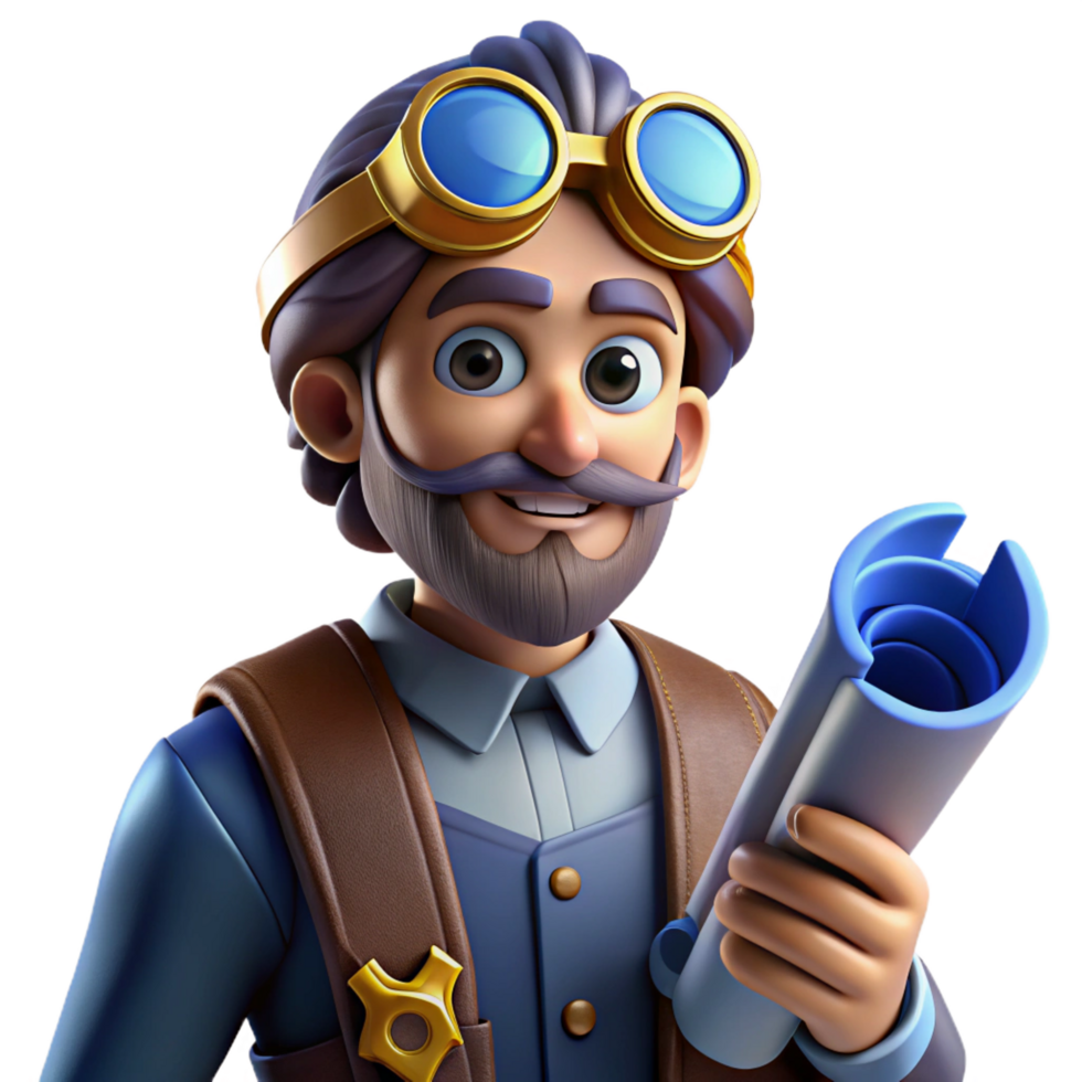 glorious mid century A portrait of a steampunk inventor, wearing goggles and holding a wrench, surrounded by blueprints, dramatic chiaroscuro lighting flawless png