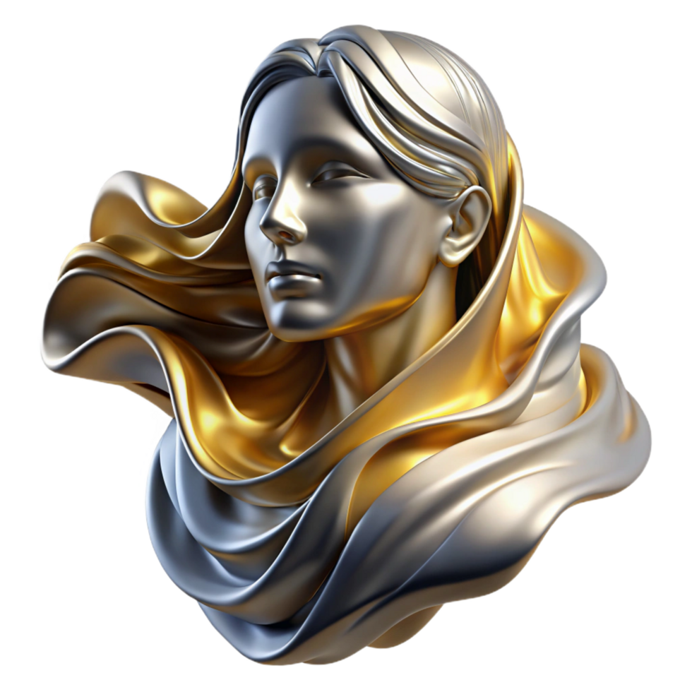 ethereal exquisite Abstract portrait composed of flowing liquid metal, in shades of silver and gold, with dramatic Rembrandt lighting 8K png