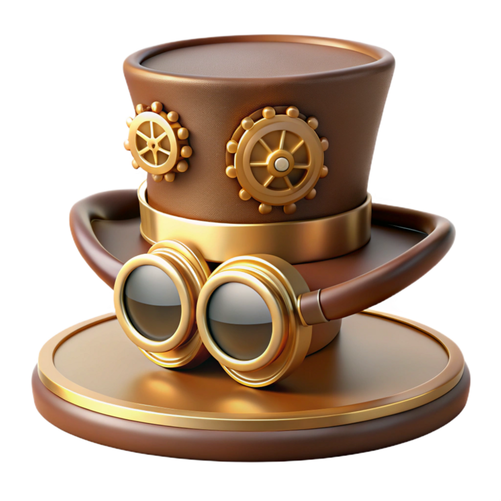 enchanting playful contemporary A steampunk top hat, with gears and goggles attached, sitting on a wooden mannequin head, soft, warm lighting 8K png