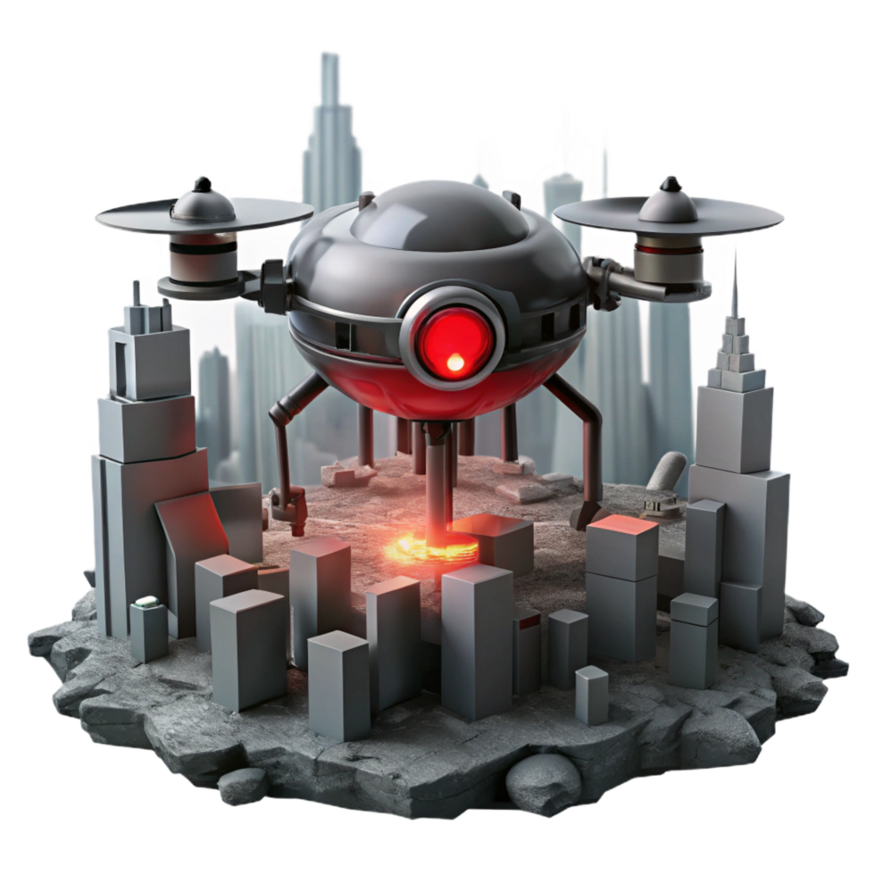 splendid exemplary A lone, robotic drone, with glowing red eyes, patrols the desolate ruins of a futuristic city. Dystopian style png