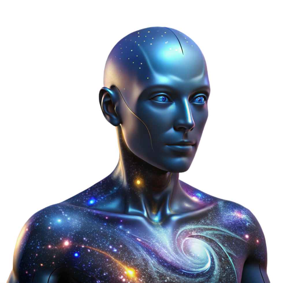 vibrant whimsical modern Portrait of an abstract humanoid form composed of swirling galaxies and nebulae, lit by the internal glow of the cosmos perfect clarity png