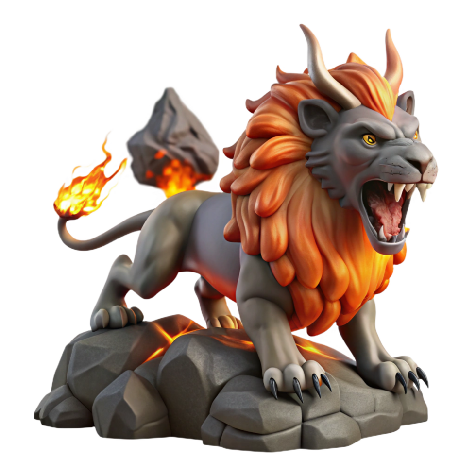 pristine signature A fearsome chimera breathing fire, its lion, goat, and serpent heads distinct, set against a backdrop of volcanic eruption. Fantasy art style png