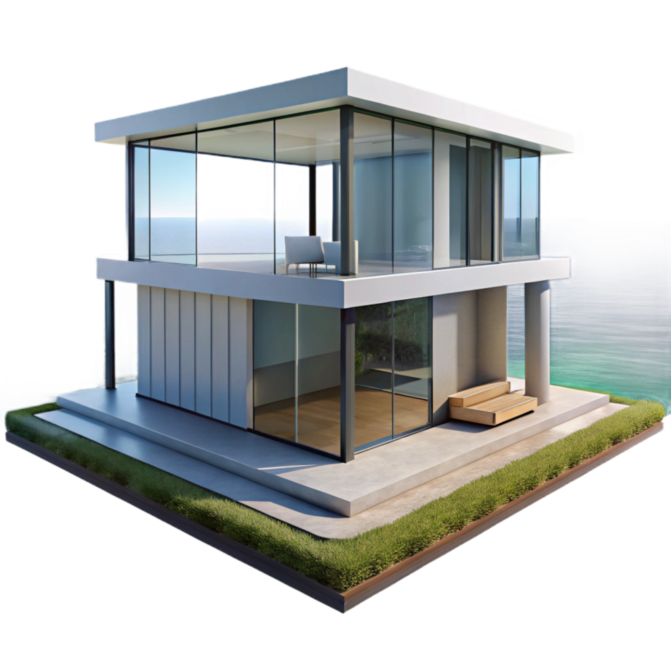 memorable industrial A modern, minimalist home with floor to ceiling windows, overlooking a stunning ocean view, sleek and contemporary style genuine png