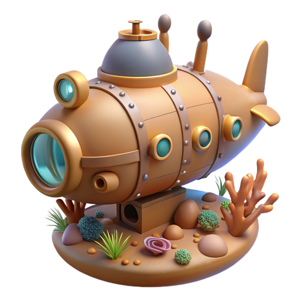 harmonious beautiful A steampunk submarine exploring a coral reef, underwater lighting, cinematic composition genuine png