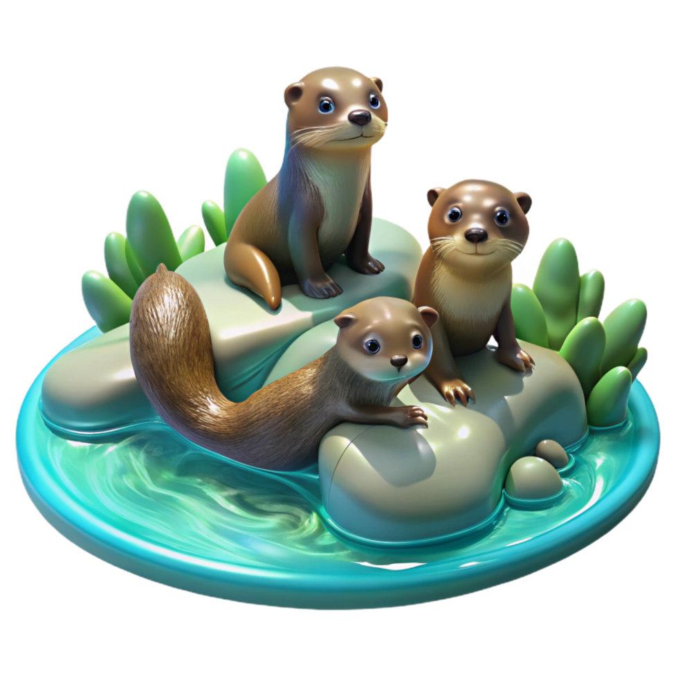 rare renaissance A family of playful otters frolicking in a crystal clear stream, dappled sunlight filtering through the trees, painted in an impressionistic style impeccable png