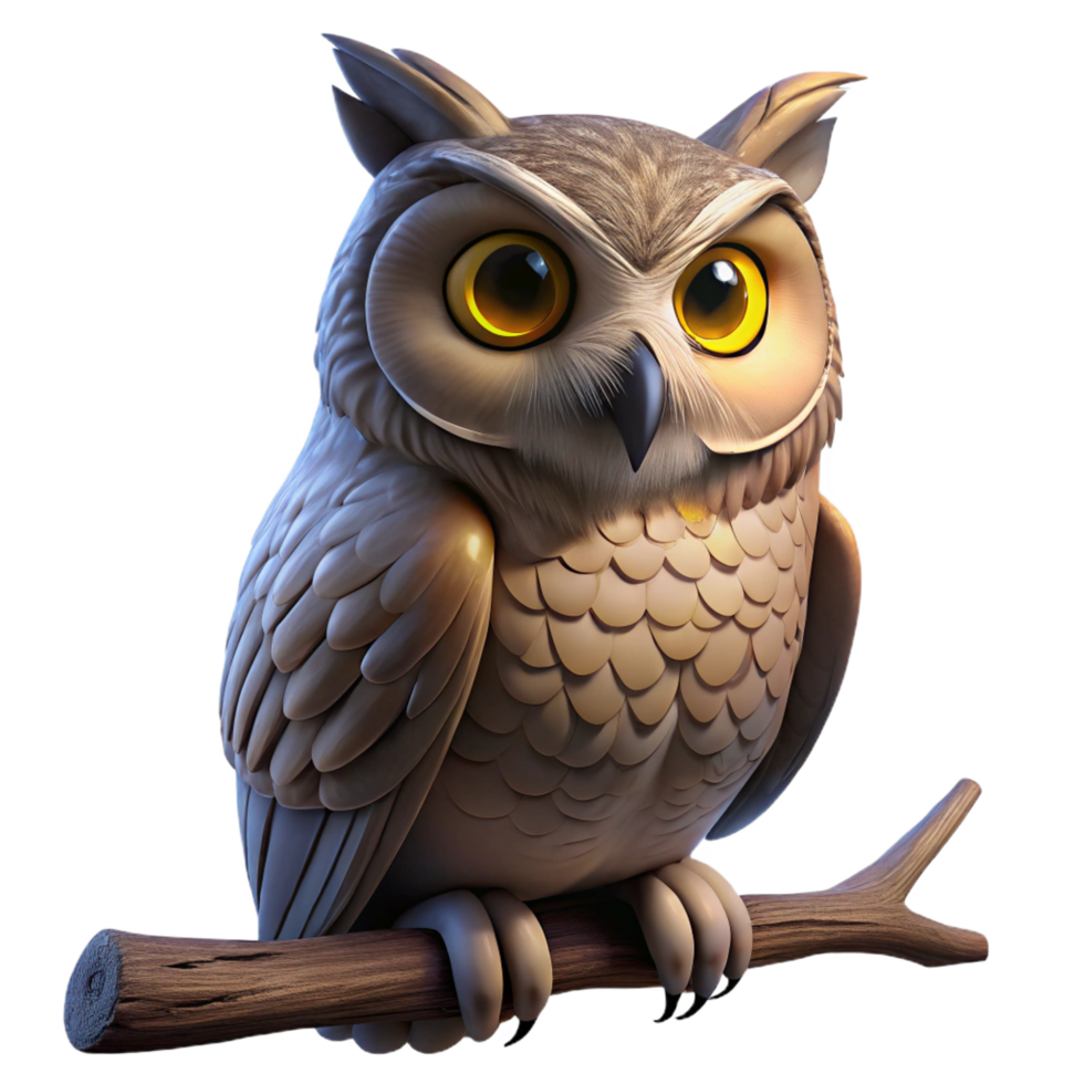 sumptuous calm mid century Portrait of a wise old owl perched on a branch, its eyes gleaming with intelligence. Moonlight lighting. Wildlife photography style premium png