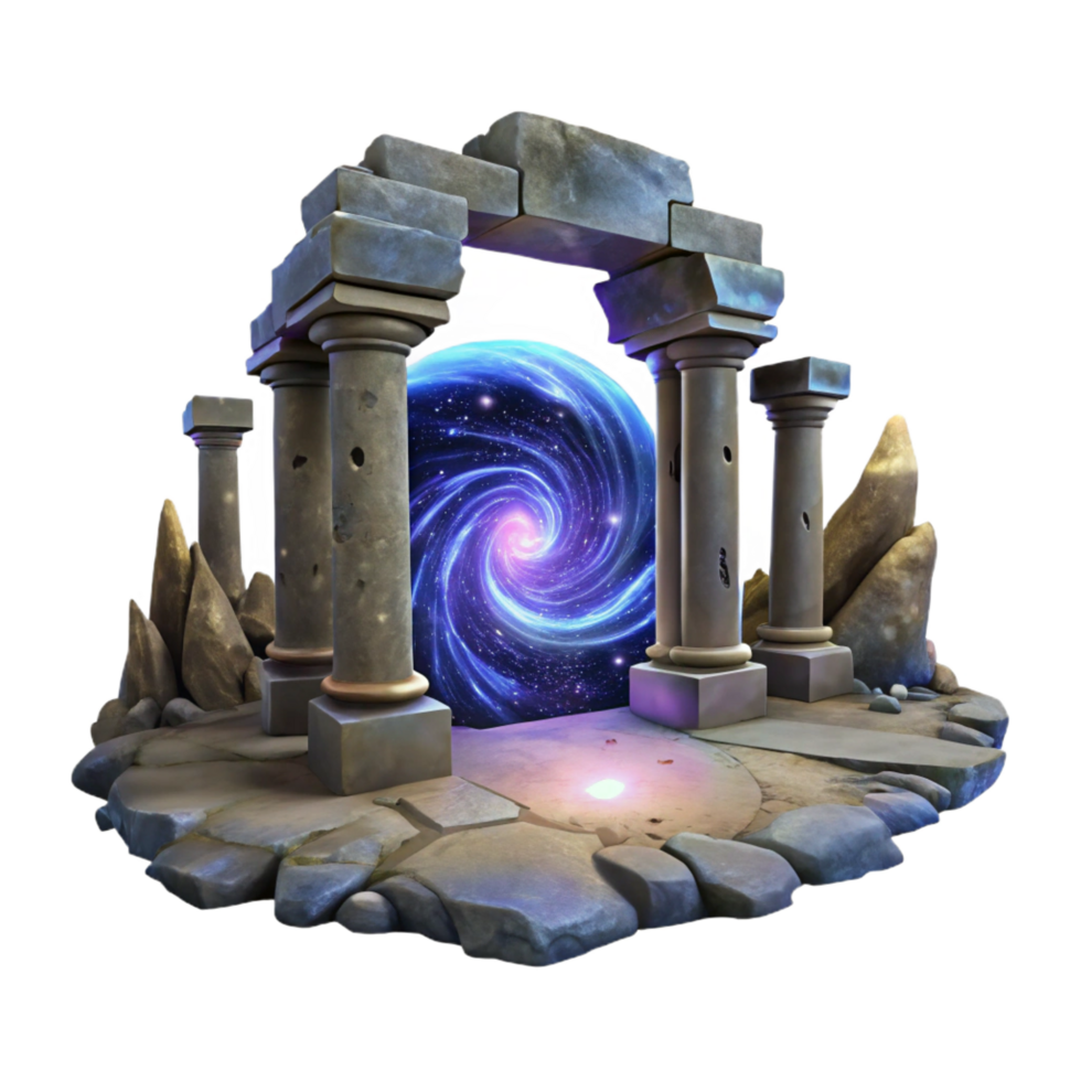 extraordinary traditional A portal swirling with galaxies, surrounded by ancient ruins, ethereal lighting, matte painting, concept art, crisp png