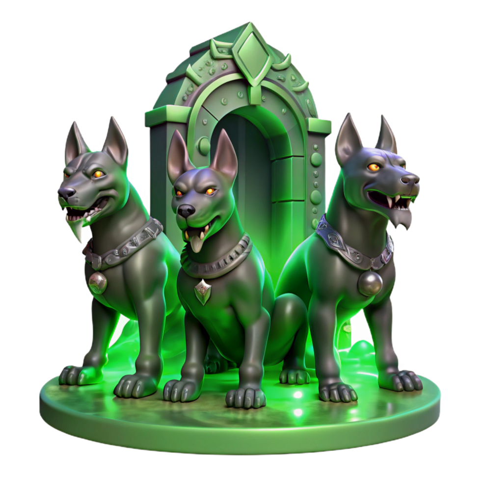 breathtaking dramatic traditional Cerberus, the three headed hound of Hades, guarding the gates of the underworld, bathed in an eerie green glow, digital painting style museum quality png