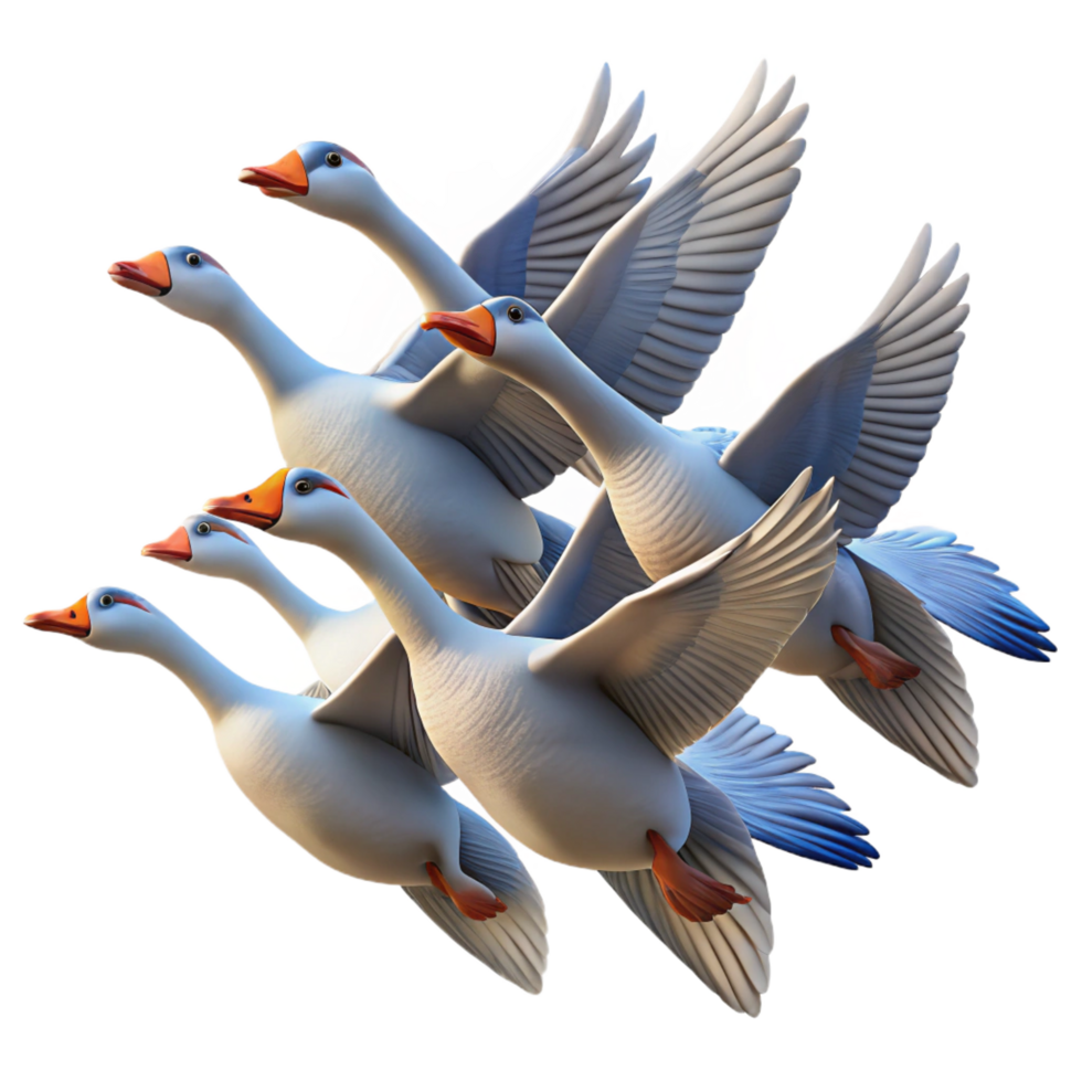 whimsical majestic A flock of migrating geese flying in a V formation against a clear blue sky, crisp and clear photography style high quality png