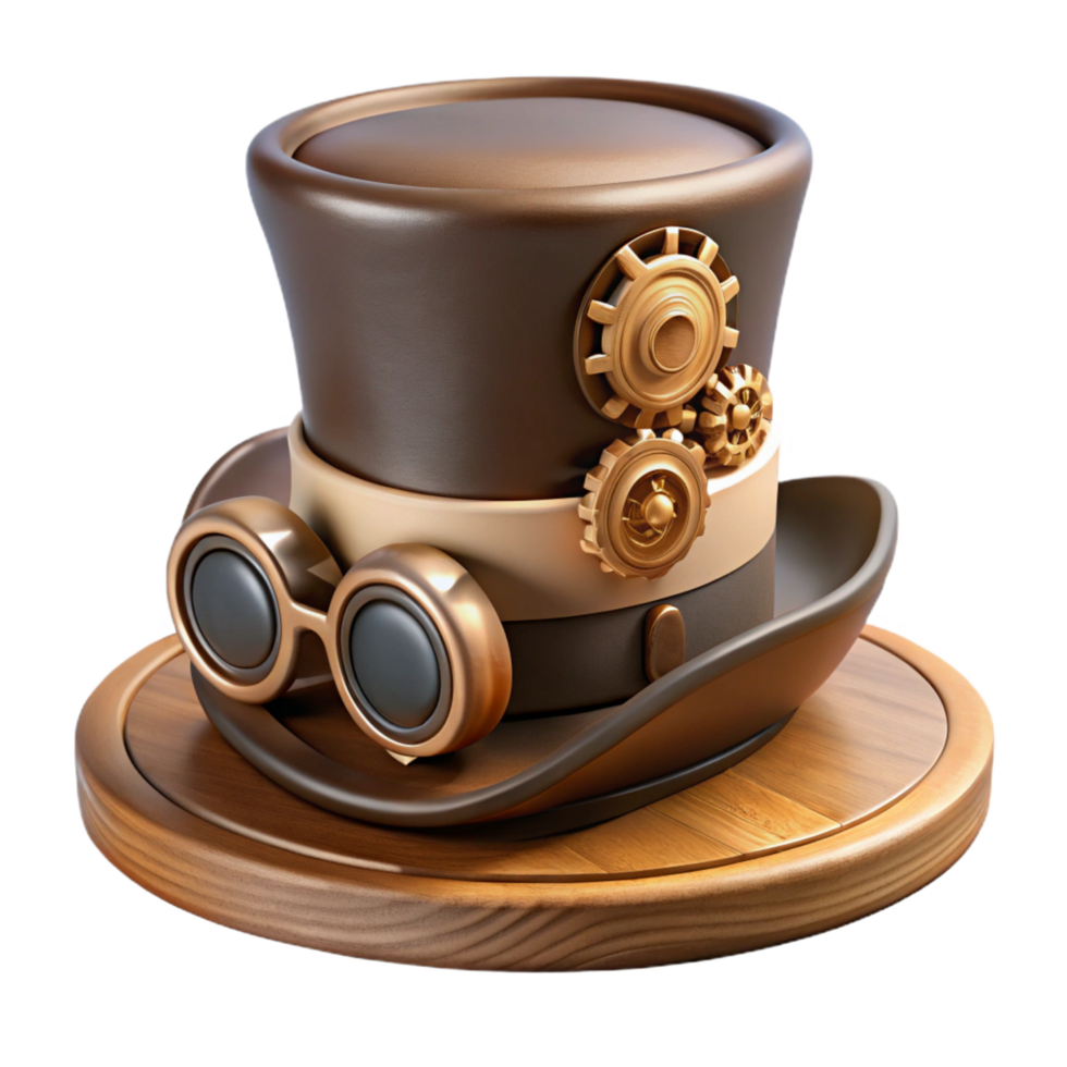 gorgeous unparalleled A steampunk top hat, with gears and goggles attached, sitting on a wooden mannequin head, soft, warm lighting png