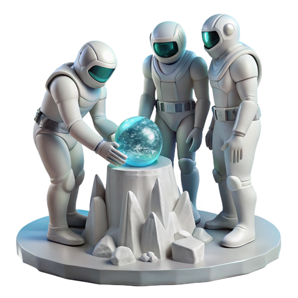dreamy dramatic A group of futuristic explorers, in sleek, white spacesuits, discover an ancient alien artifact on a desolate, icy planet. Realistic style original png