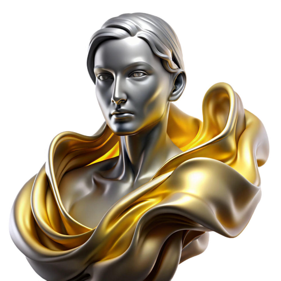 dazzling calm bohemian Abstract portrait composed of flowing liquid metal, in shades of silver and gold, with dramatic Rembrandt lighting artisan png
