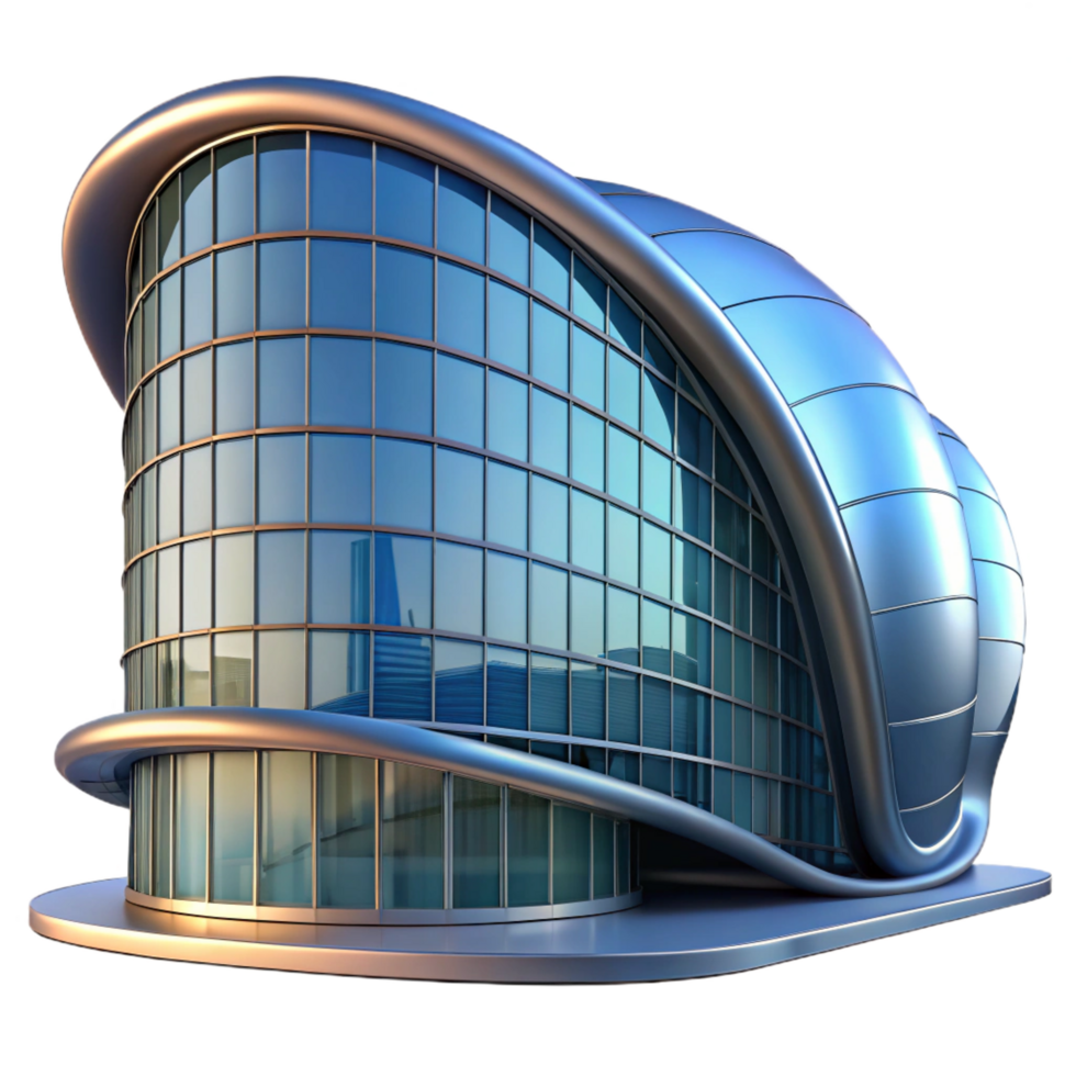 harmonious elegant A futuristic building with a curved glass facade, reflections of the city, architectural visualization style exclusive png