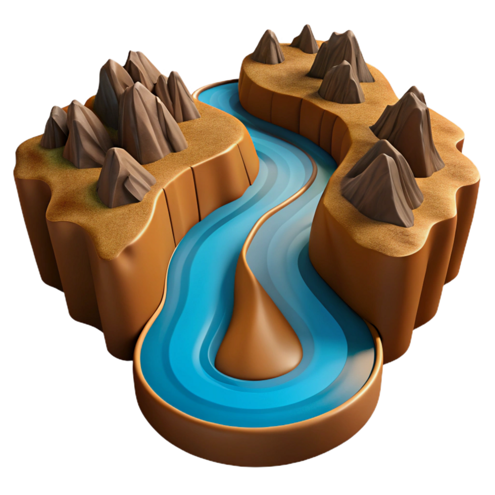 stunning sought after A winding river cutting through a canyon landscape, aerial view, with dramatic lighting and shadows png
