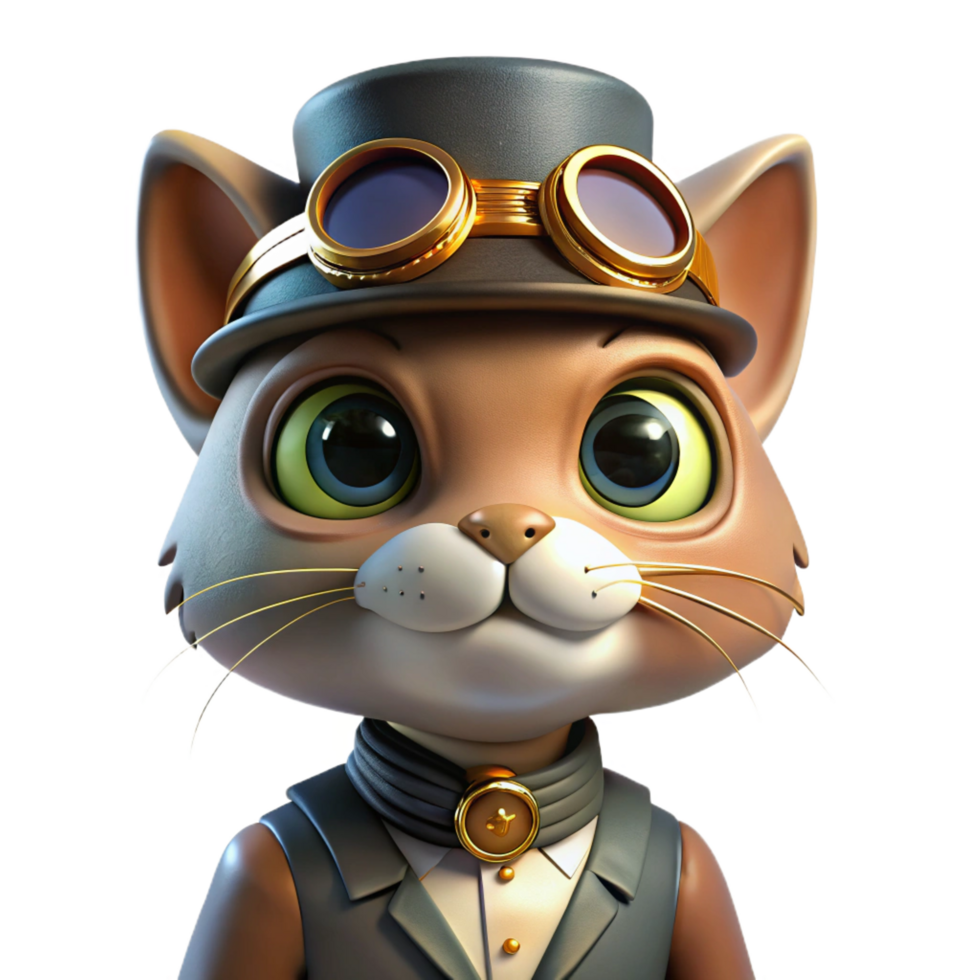 elegant memorable A portrait of a steampunk cat wearing miniature goggles and a tiny brass top hat, illuminated by a soft, warm light. Warm lighting, whimsical style png