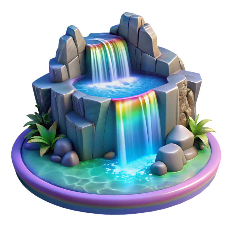 serene melancholic mid century A magical waterfall cascading into a crystal clear pool, rainbow lighting, fantasy realism style gallery standard png