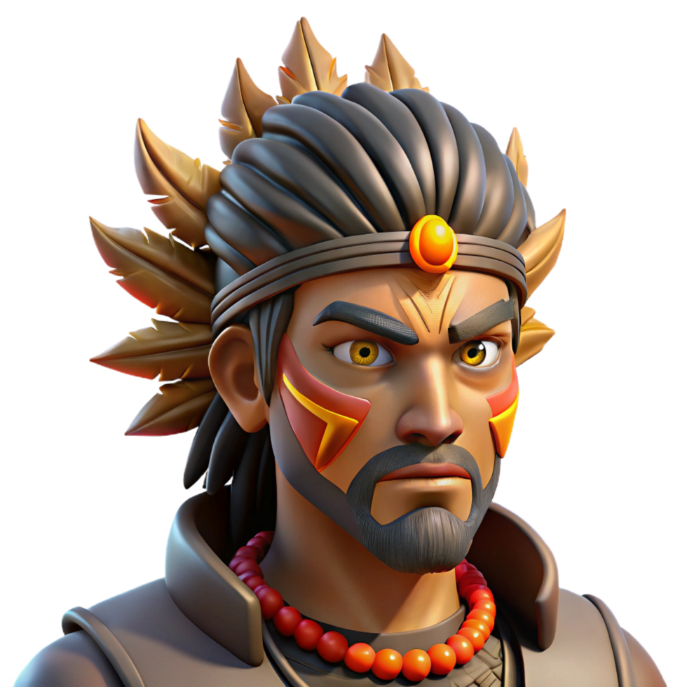 pristine vintage Portrait of a stoic warrior with tribal face paint, feathered headdress, and a piercing gaze, lit by dramatic firelight, in a hyperrealistic style exclusive png