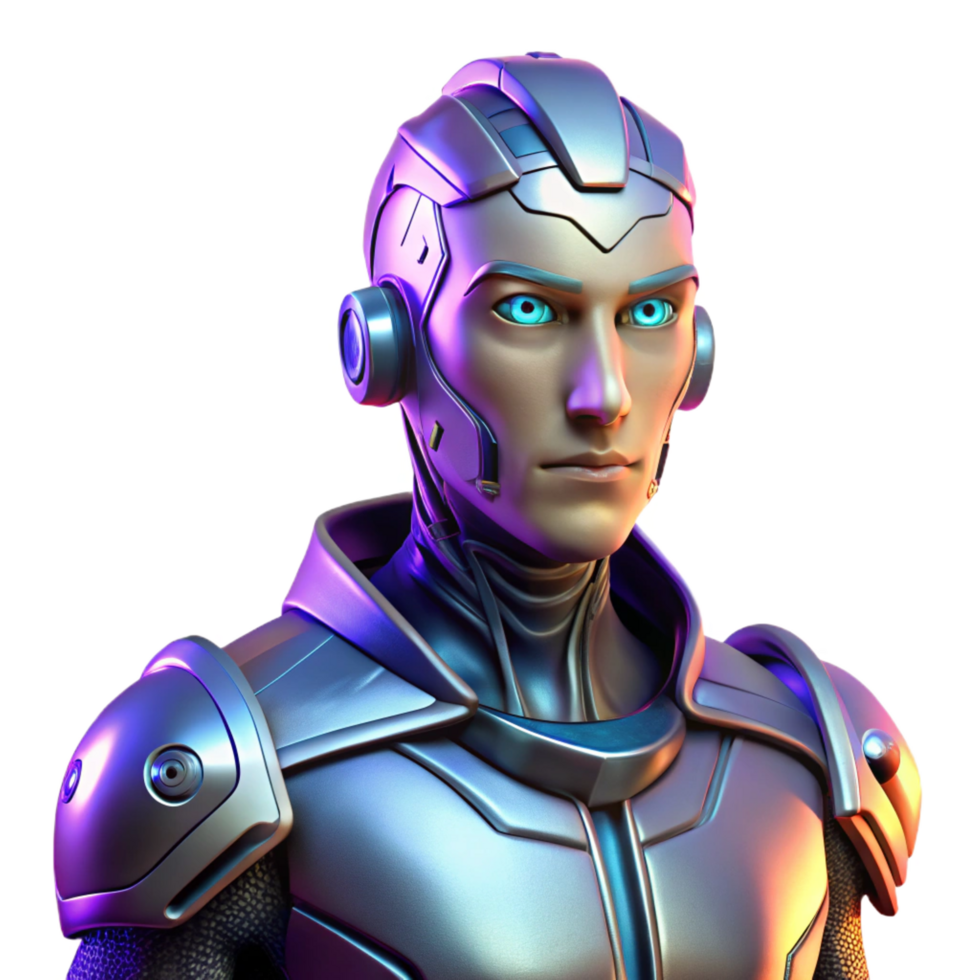 fascinating unforgettable Portrait of a futuristic cyborg with glowing implants, metallic limbs, and a determined expression, lit by neon city lights, in a cyberpunk style png