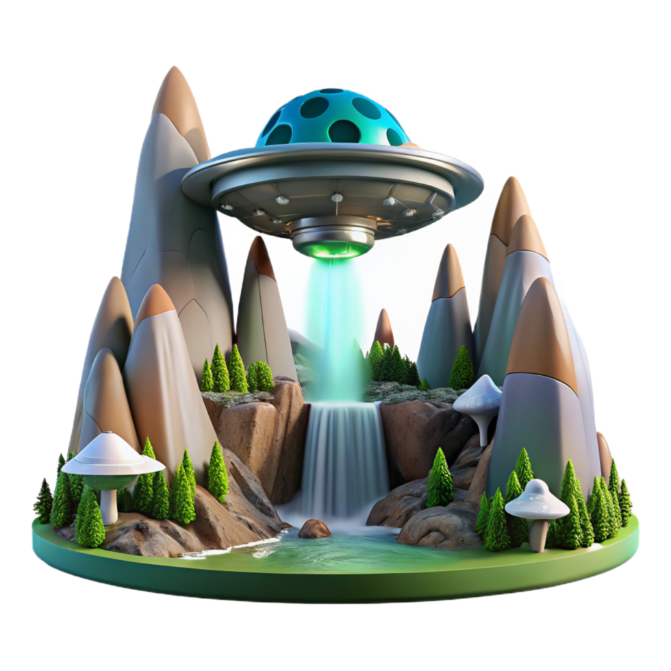 acclaimed victorian A spaceship landing on a lush, alien planet, waterfalls cascading down towering mountains. Matte painting style. Natural lighting 8K png