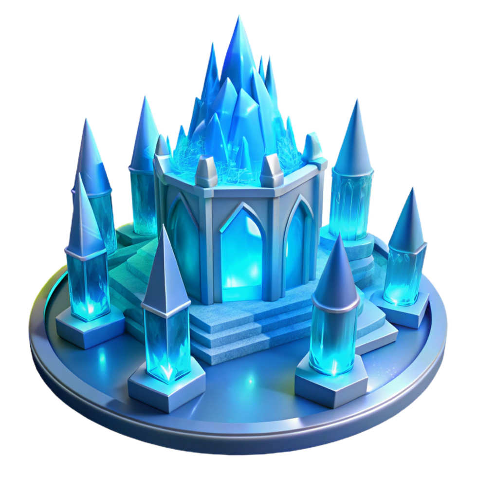 iconic modern An ice palace with intricate ice sculptures and glowing blue light, winter landscape, fantasy art fine detail png