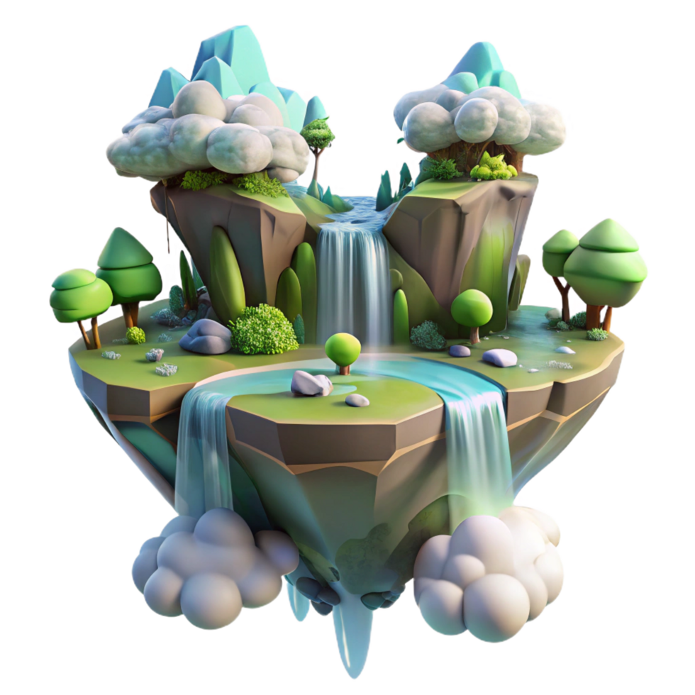 inspired bohemian A floating island with waterfalls cascading down the sides, ethereal and magical style, fantasy art render, soft lighting refined png