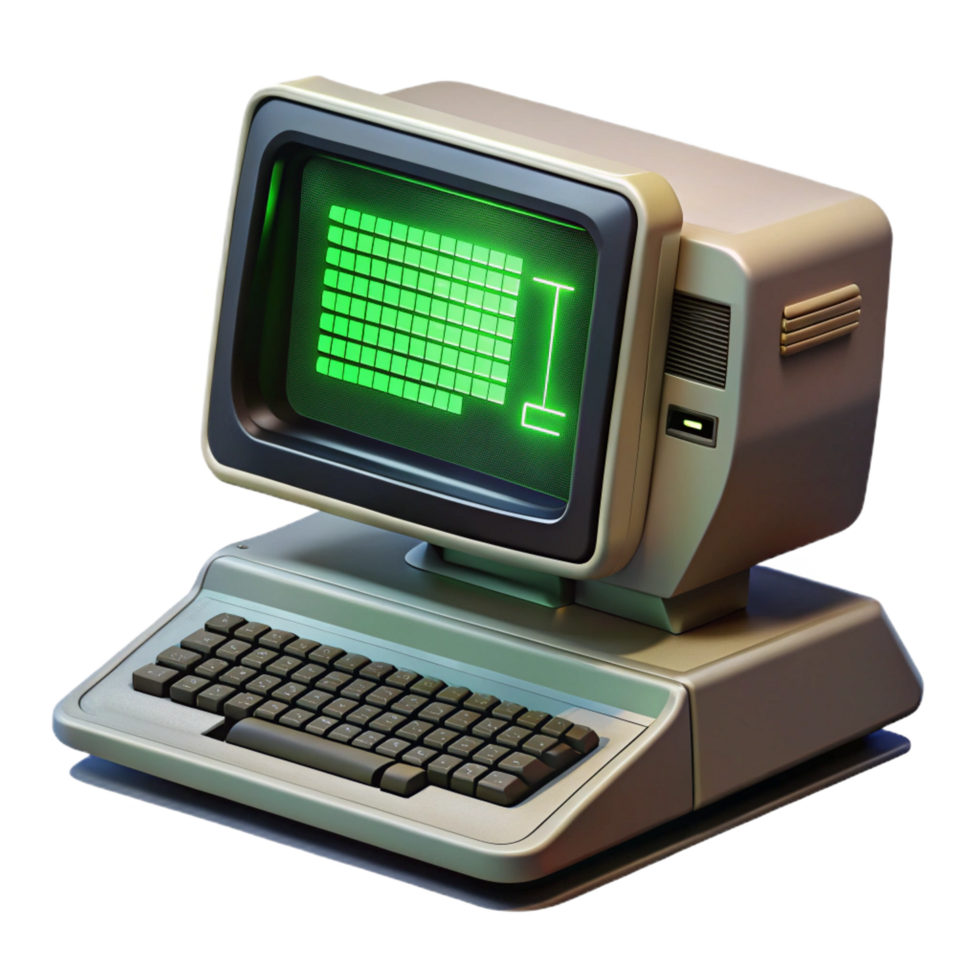 intense spectacular A vintage computer terminal displaying a cryptic message, green text on a black screen, lit by a single desk lamp, retrofuturism style high resolution png