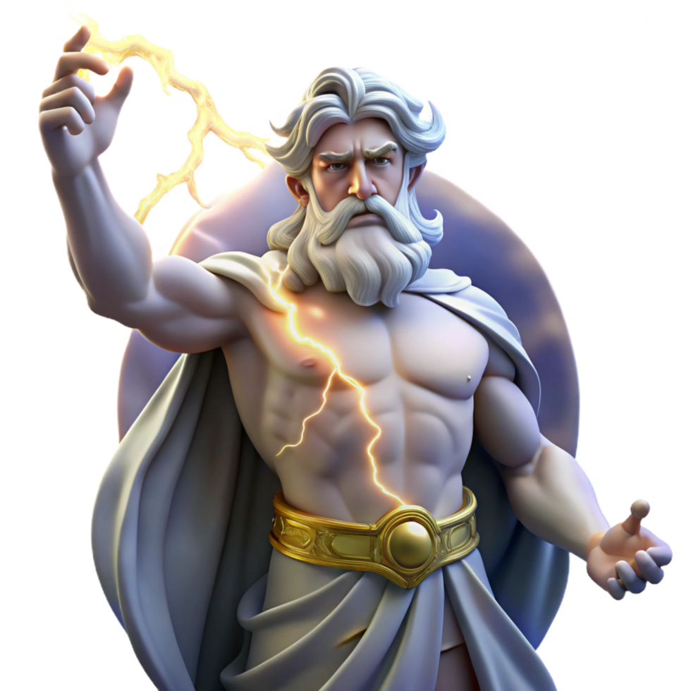 glorious art deco A powerful depiction of Zeus, king of the gods, wielding lightning bolts, dramatic, stormy sky. Renaissance style precision png