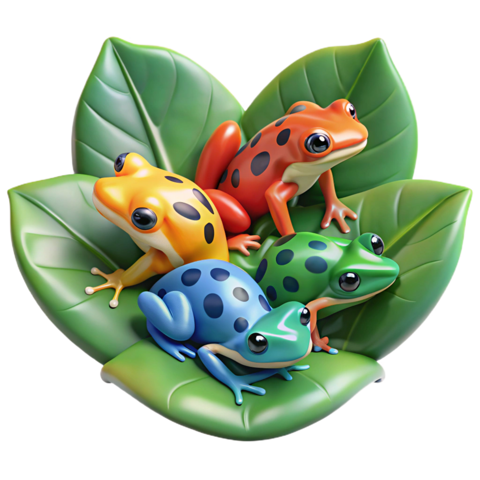 mesmerizing coveted A group of brightly colored poison dart frogs clustered on a giant, glistening leaf in a rainforest, illuminated by shafts of sunlight, in a vibrant, illustrative style png