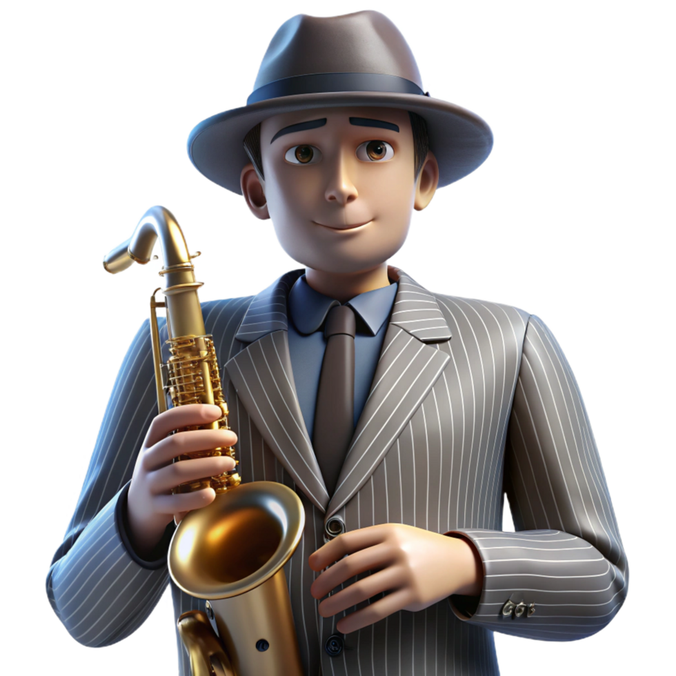 captivating standout Portrait of a charismatic musician with a saxophone, wearing a fedora and a pinstripe suit, lit by dim stage lights, in a vintage style png