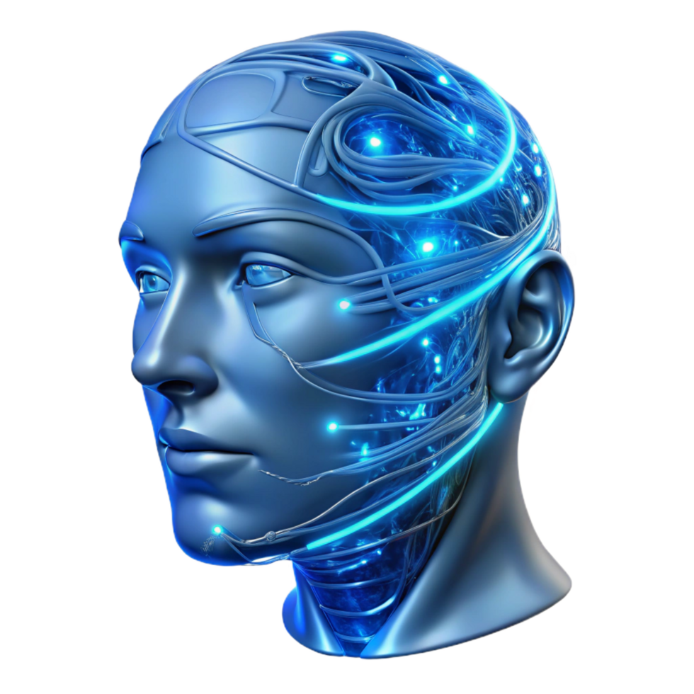playful extraordinary A transparent human head filled with swirling lines of code, illuminated from within by a pulsating blue light, cyberpunk style high resolution png