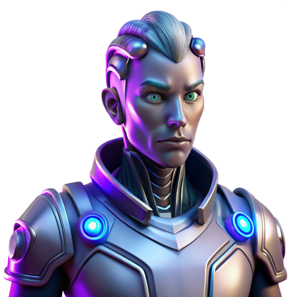 radiant memorable Portrait of a futuristic cyborg with glowing implants, metallic limbs, and a determined expression, lit by neon city lights, in a cyberpunk style png