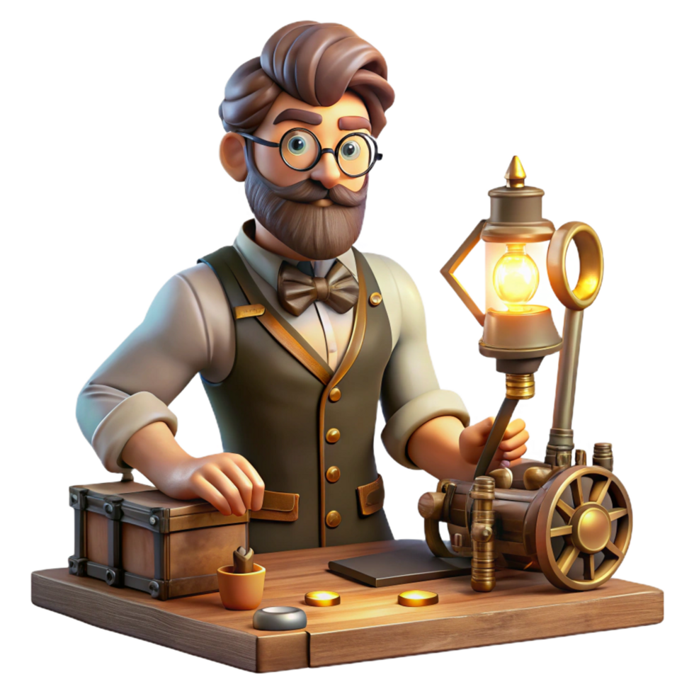 splendid retro A portrait of a steampunk inventor in his workshop, surrounded by tools and gadgets, illuminated by the warm glow of a forge and the soft light of a desk lamp luxury png