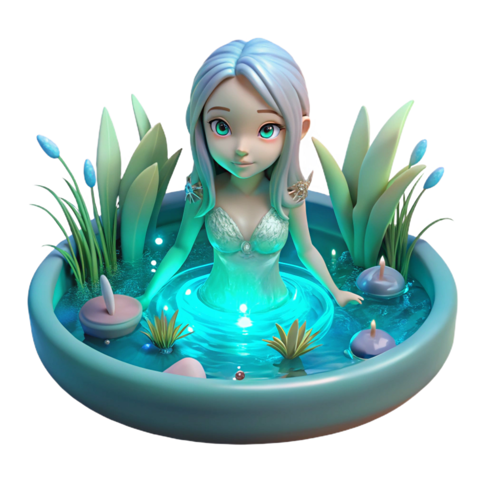 nostalgic magnificent A graceful, ethereal water nymph swimming in a crystal clear pool surrounded by glowing, bioluminescent plants, cool, serene lighting, Art Nouveau style masterfully captured png
