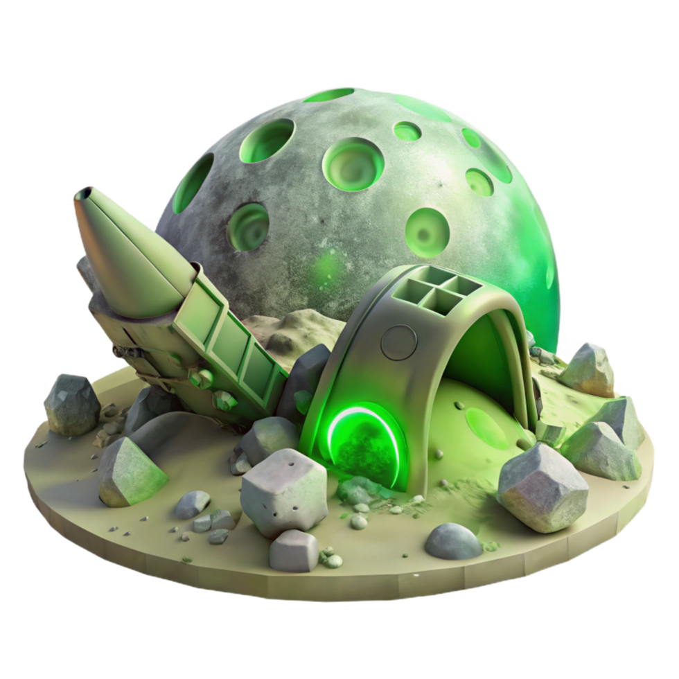 majestic nordic A spaceship wreckage on a desolate moon, eerie green lighting, surreal style luxury png