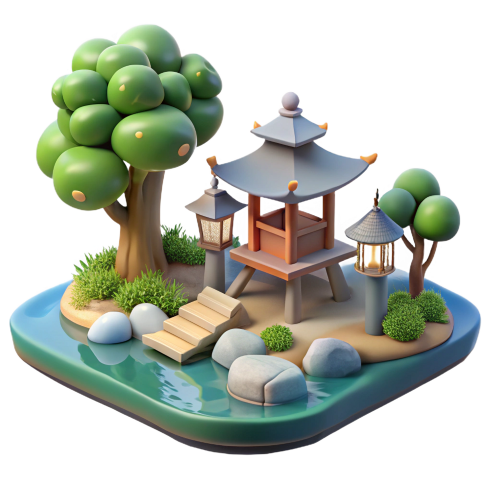 energetic captivating A traditional Japanese garden with a pond, stone lanterns, and carefully pruned trees, soft diffuse daylight, photorealistic style crisp png