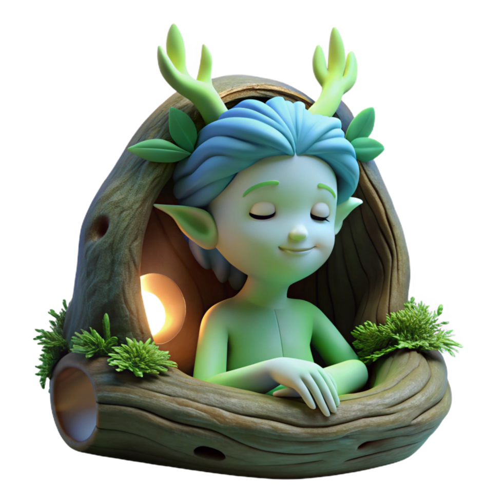 energetic enchanting A serene forest spirit resting in a hollow log, dappled sunlight, peaceful and ethereal, fantasy art genuine png
