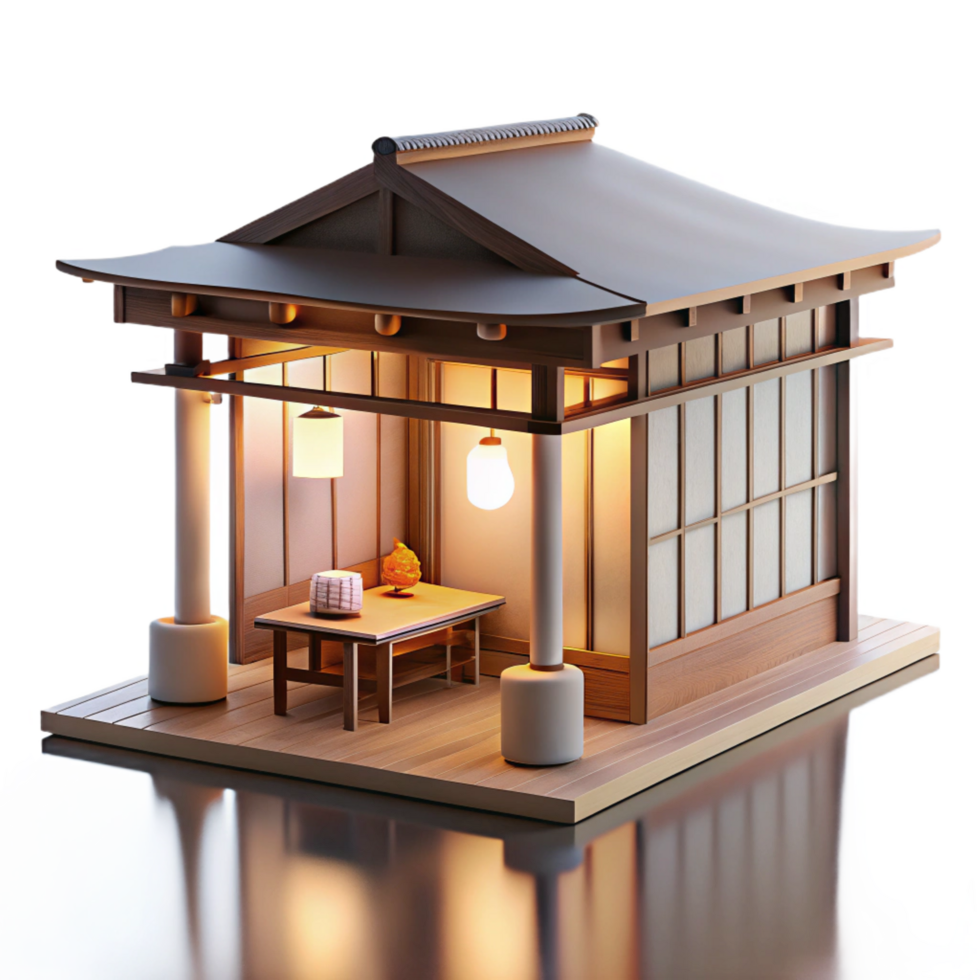 harmonious elegant A minimalist Japanese tea house, natural wood and paper, soft diffused lighting, serene atmosphere, luxury png