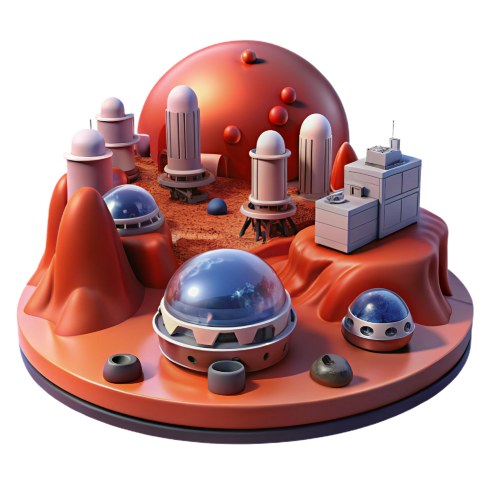 dramatic majestic A futuristic city on Mars, red dust covering buildings, pressurized domes, rovers driving in the distance masterfully captured png