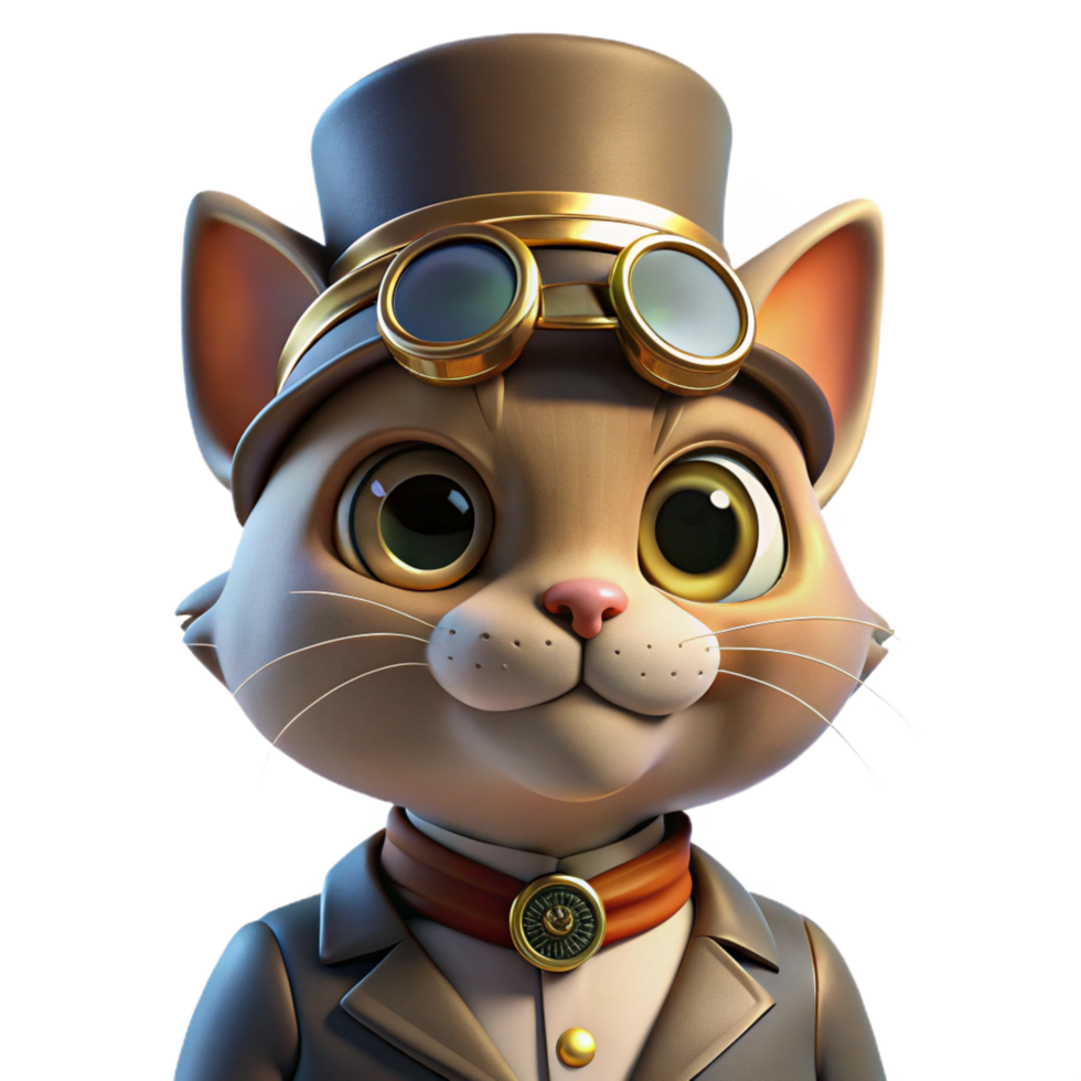 reflective radiant A portrait of a steampunk cat wearing miniature goggles and a tiny brass top hat, illuminated by a soft, warm light. Warm lighting, whimsical style 4K png